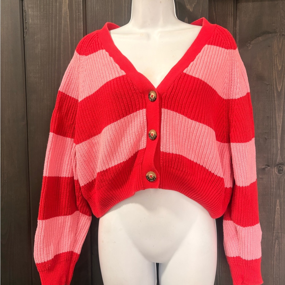 Monki Red and Pink Striped cropped Cardigan small